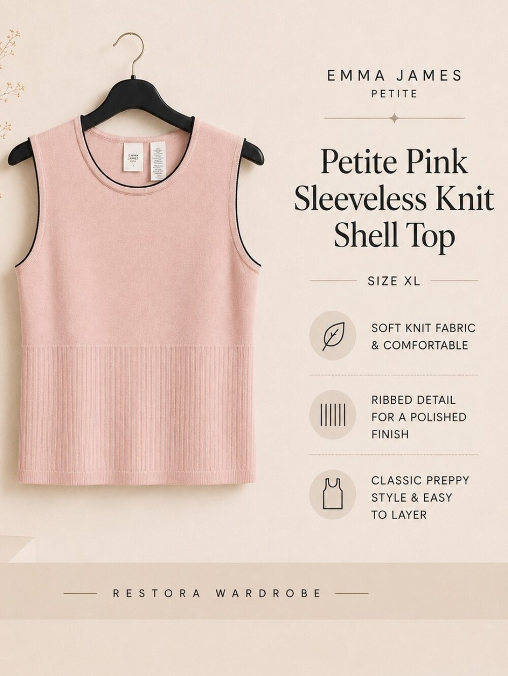 Emma James Petite XL Pink Black Trim Sleeveless Knit Shell Top
